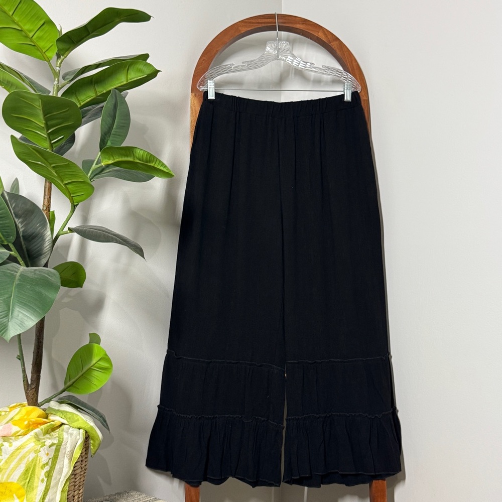 Mundoven XXL Black Cotton Linen Tiered Ruffle Wide Leg Pants NEW